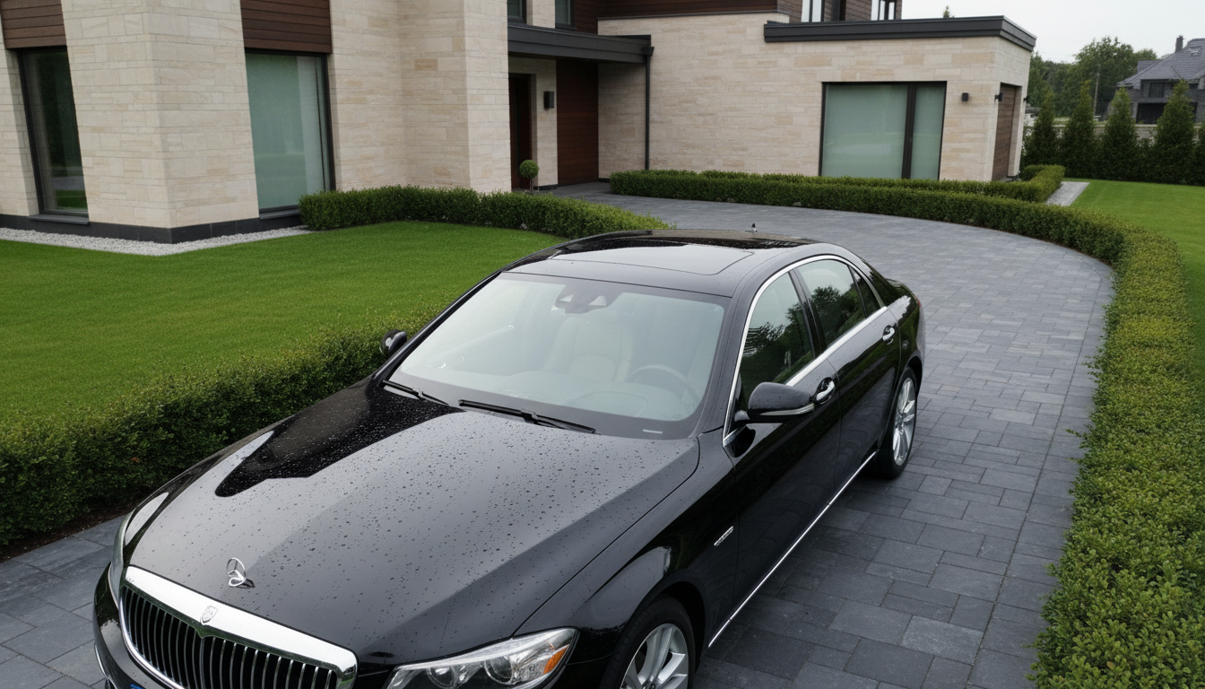 A meticulously detailed, spotless black sedan with bead-like droplets glistening on its surface from a recent eco-friendly wash, displaying a high-gloss, mirror-like finish. The car is positioned on a sleek paved driveway in front of a modern suburban home, surrounded by neatly trimmed hedges and a backdrop of soft, neutral-toned architecture. Gentle diffused daylight illuminates the scene, highlighting crisp lines and subtle reflections across the car's contours. The mood is fresh, professional, and trustworthy. Captured from a slightly elevated, wide-angle perspective with balanced composition and sharp focus throughout. The overall style is photographic realism with clean lines and a corporate, structured aesthetic, exemplifying the quality and care of EcoClean Mobile's service.